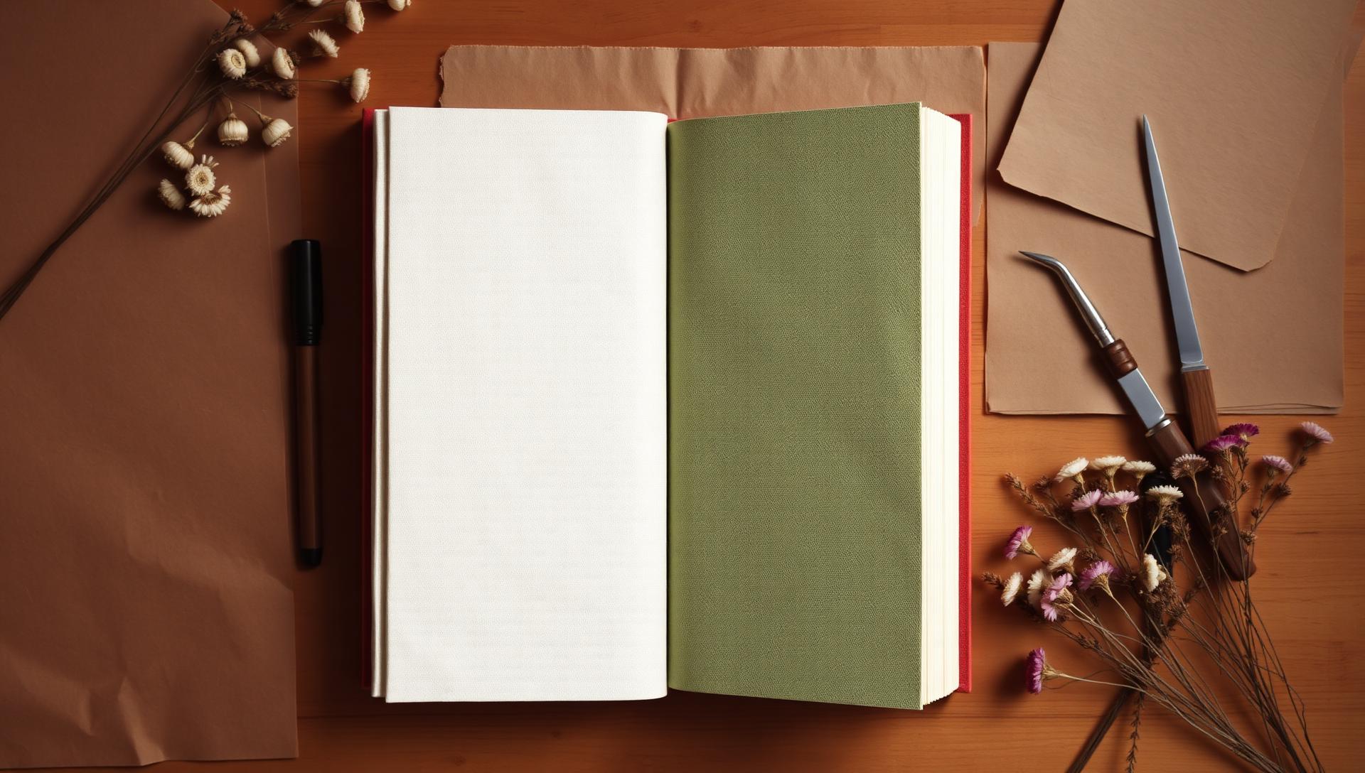 A bookbinding workbench with handmade covers, linen cloth, thread and dried flowers