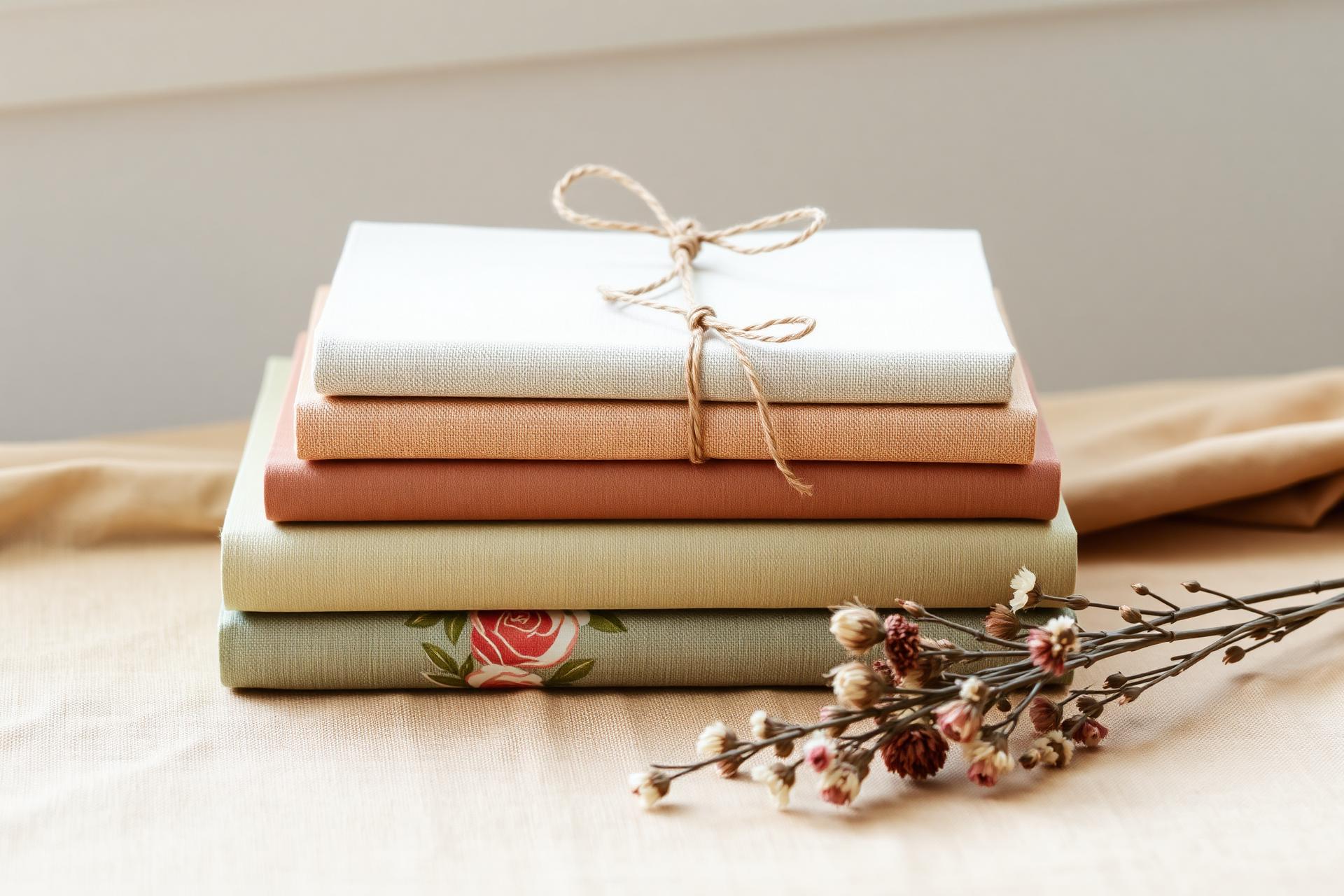 A stack of handbound hardcover books with linen and floral covers, tied with twine beside dried flowers